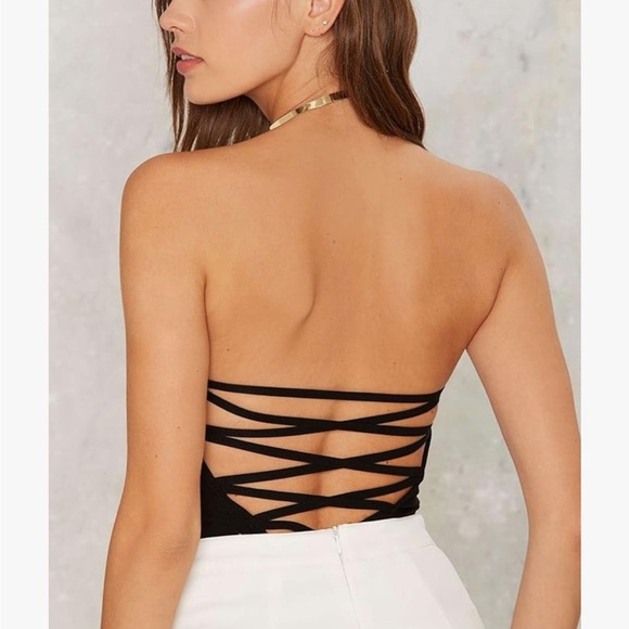 Sexy Velvet Strapless Bodysuit  Vintage Deep V  Lace Up Cross Back Black M - Picture 5 of 6